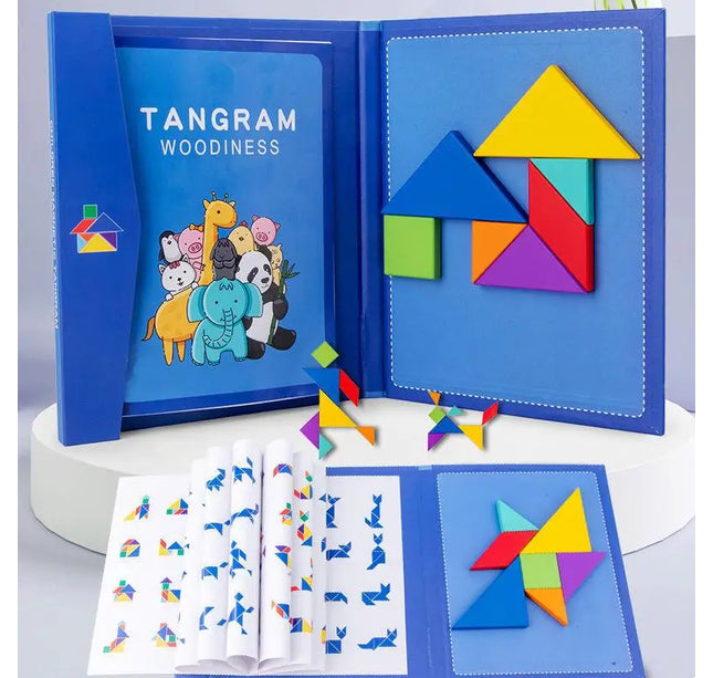 Wooden Magnetic Tangram Puzzle – Educational Montessori Book Toy for Children
