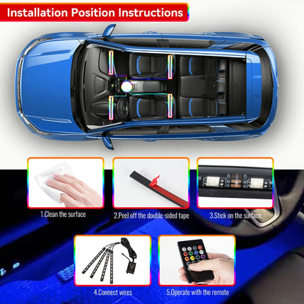 RGB Car Atmosphere Lights – LED Interior Footwell Strip with USB, Remote & Sound Control