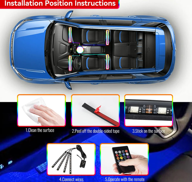 RGB Car Atmosphere Lights – LED Interior Footwell Strip with USB, Remote & Sound Control