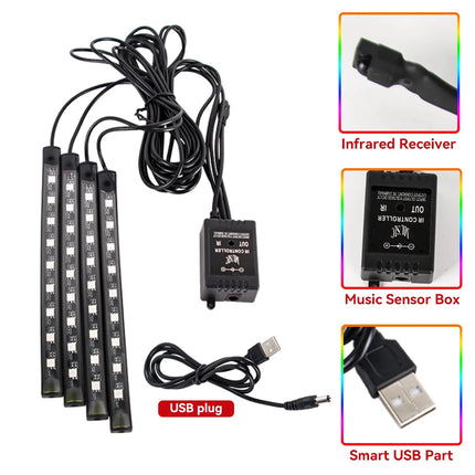 RGB Car Atmosphere Lights – LED Interior Footwell Strip with USB, Remote & Sound Control