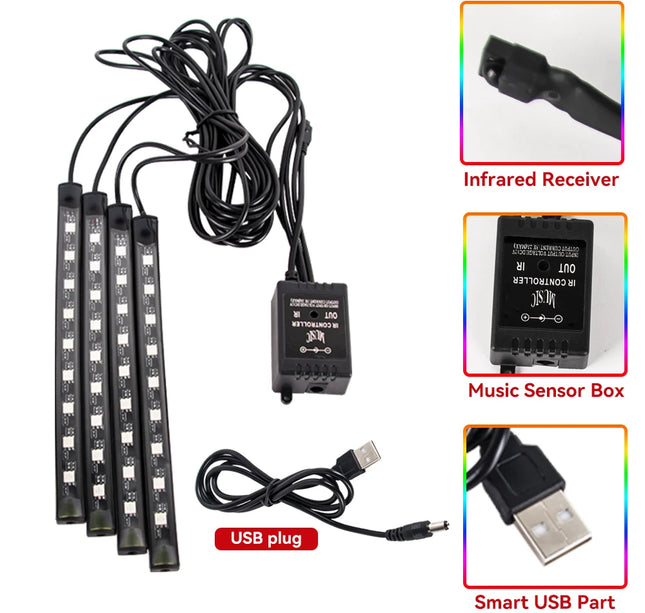 RGB Car Atmosphere Lights – LED Interior Footwell Strip with USB, Remote & Sound Control