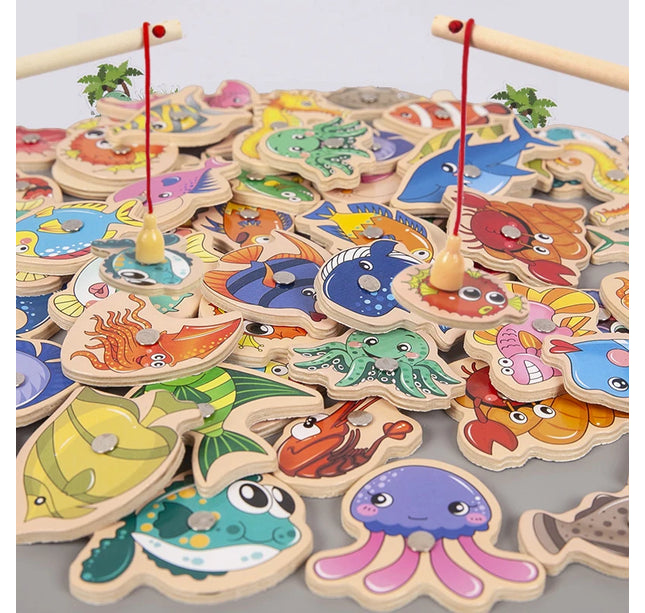Montessori Wooden Fishing Toys For Children Magnetic Marine Life Cognition Fish Games Parent-Child Interactive Educational Toy
