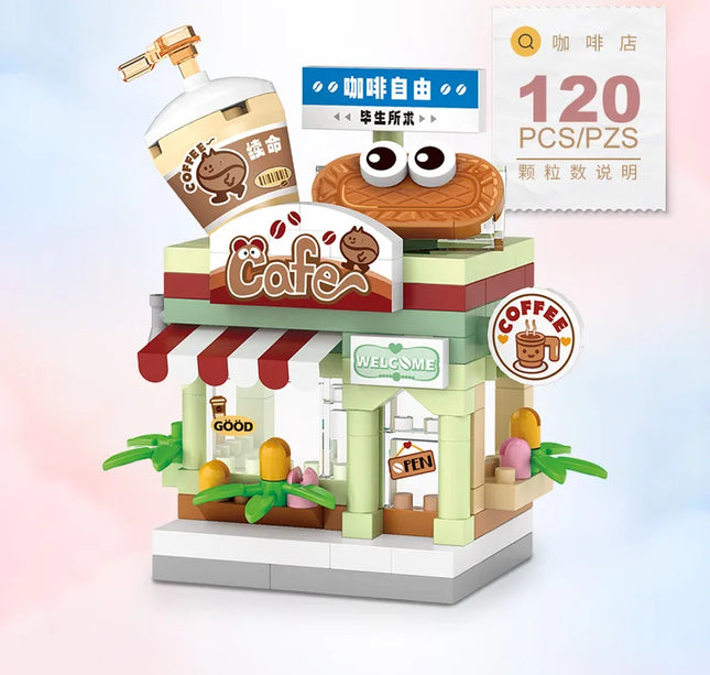 NEW Restaurant Dessert Coffee Pet Fruit Store Street View Food House Building Blocks Kit Girls Bricks Model Kids Toy Children