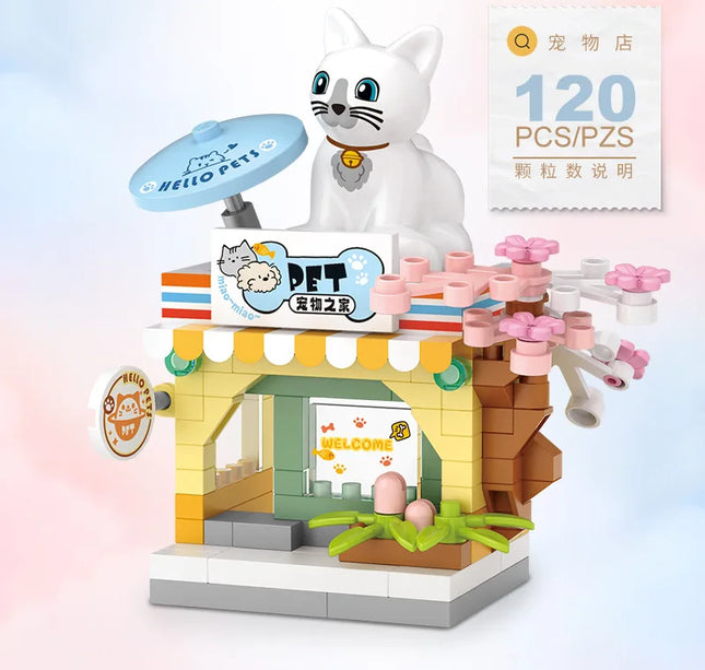 NEW Restaurant Dessert Coffee Pet Fruit Store Street View Food House Building Blocks Kit Girls Bricks Model Kids Toy Children
