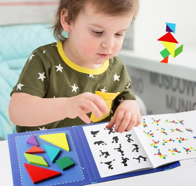 Wooden Magnetic Tangram Puzzle – Educational Montessori Book Toy for Children