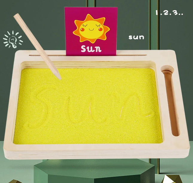 Montessori Wooden Sand Tray – Early Educational Writing Toy with Wooden Pen for Letters & Numbers Learning
