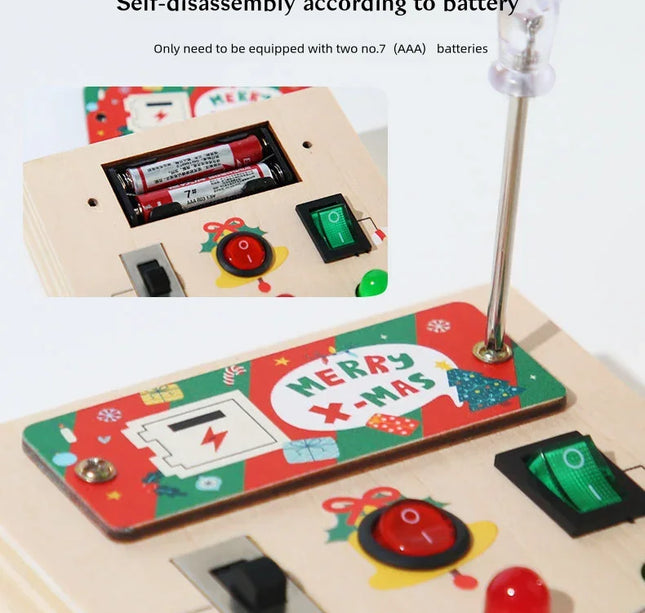 Montessori Wooden Busy Board – Sensory Training Toy with LED Lights & Switches for Early Learning Baby Gift