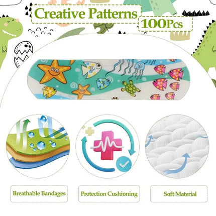 Kids Adhesive Bandages – 100pcs Cute Cartoon Waterproof Medical Strips for Children