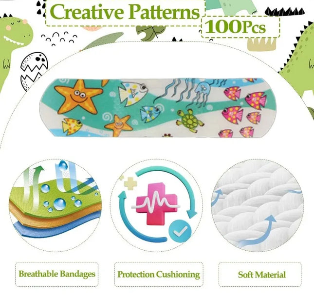 Kids Adhesive Bandages – 100pcs Cute Cartoon Waterproof Medical Strips for Children