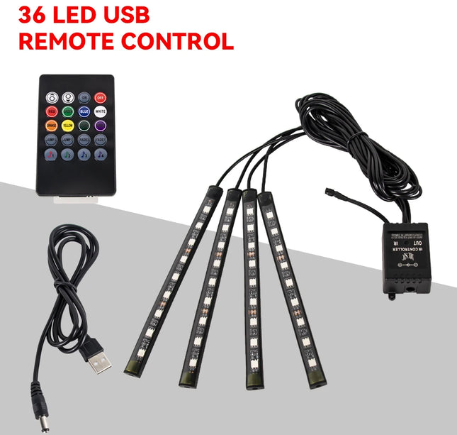 RGB Car Atmosphere Lights – LED Interior Footwell Strip with USB, Remote & Sound Control