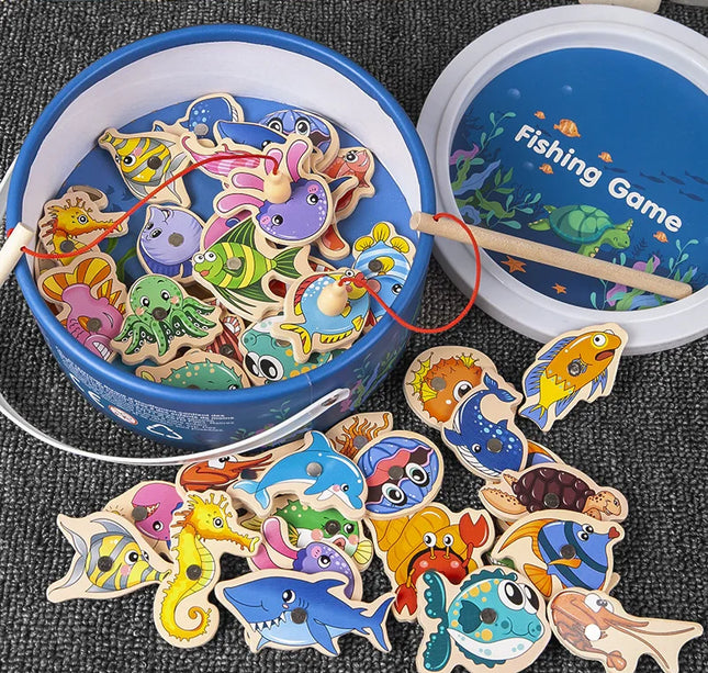 Montessori Wooden Fishing Toys For Children Magnetic Marine Life Cognition Fish Games Parent-Child Interactive Educational Toy