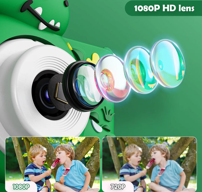 Kids Digital Camera with 32G Card Toy Girl Boy 1080p Hd Screen Outdoor Cartoon Dinosaur Camera Photography Video Birthday Gifts