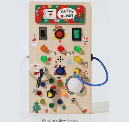 Montessori Wooden Busy Board – Sensory Training Toy with LED Lights & Switches for Early Learning Baby Gift