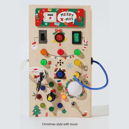Montessori Wooden Busy Board – Sensory Training Toy with LED Lights & Switches for Early Learning Baby Gift