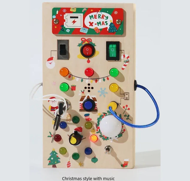 Montessori Wooden Busy Board – Sensory Training Toy with LED Lights & Switches for Early Learning Baby Gift