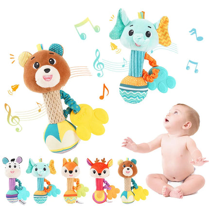 Baby Rattle Plush Toy – Soft Stuffed Animal Shaker with Crinkle & Squeaky Sensory Grip for Toddler Travel & Gifts