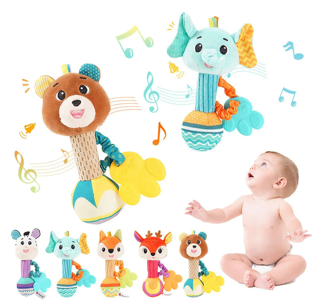 Baby Rattle Plush Toy – Soft Stuffed Animal Shaker with Crinkle & Squeaky Sensory Grip for Toddler Travel & Gifts