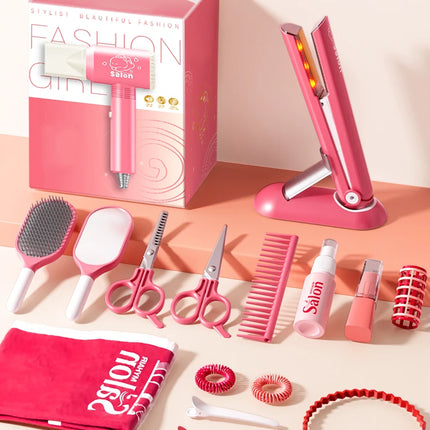 Kids Simulation Haircut & Makeup Kit – Pretend Play Hair Dryer Set Educational Toy for Girls Gifts