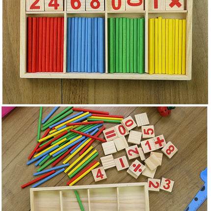 Children's math teaching aids, counting sticks, arithmetic learning box, wooden educational toys, Montessori education