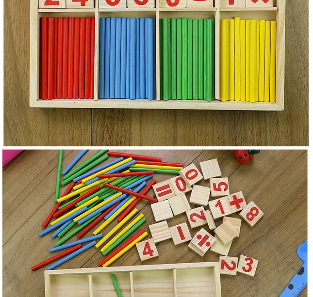 Children's math teaching aids, counting sticks, arithmetic learning box, wooden educational toys, Montessori education