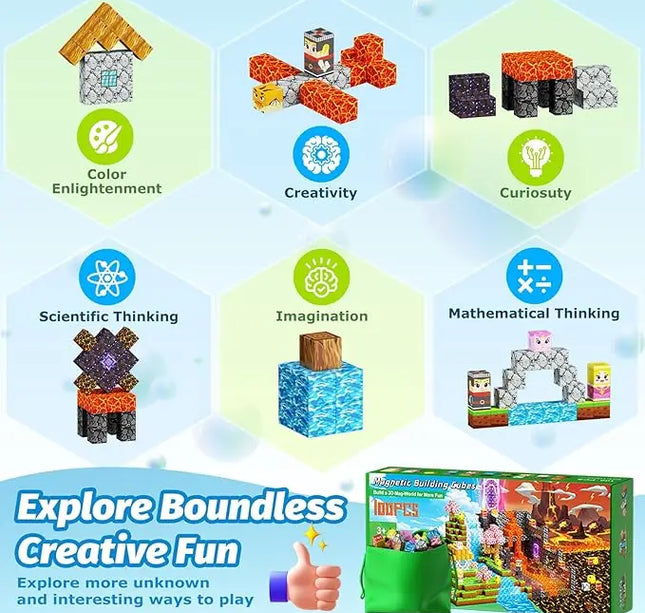 Magnetic Building Blocks Mine World Magnet Cube Set for Boy Girl Kid Age 3+ DIY Model Children STEM Educational Sensory Toy