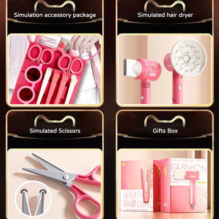 Kids Simulation Haircut & Makeup Kit – Pretend Play Hair Dryer Set Educational Toy for Girls Gifts