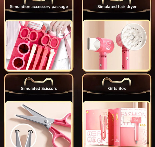 Kids Simulation Haircut & Makeup Kit – Pretend Play Hair Dryer Set Educational Toy for Girls Gifts
