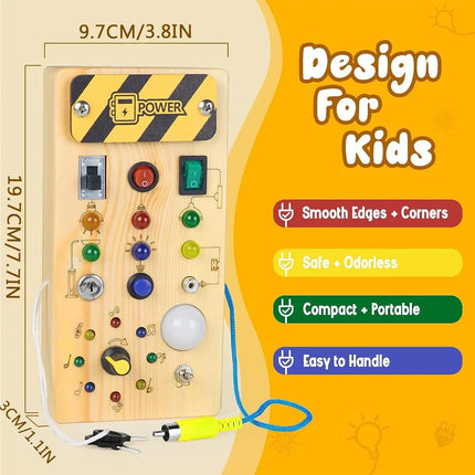 Montessori Wooden Busy Board – Sensory Training Toy with LED Lights & Switches for Early Learning Baby Gift