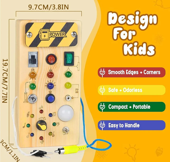 Montessori Wooden Busy Board – Sensory Training Toy with LED Lights & Switches for Early Learning Baby Gift