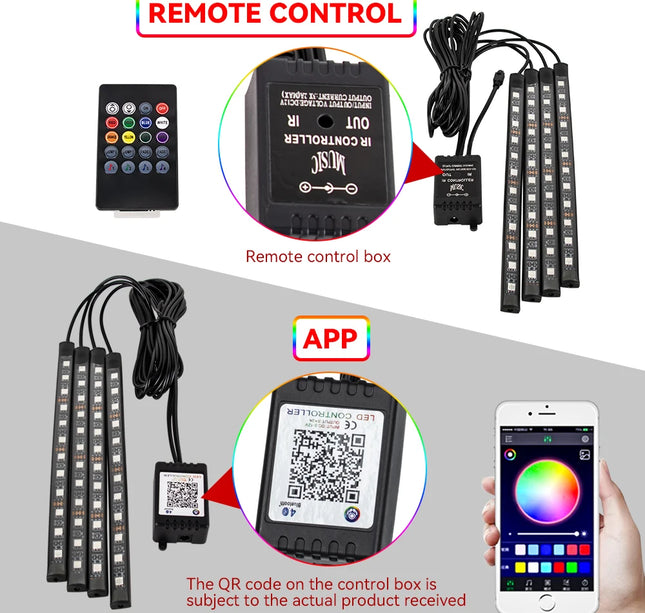 RGB Car Atmosphere Lights – LED Interior Footwell Strip with USB, Remote & Sound Control