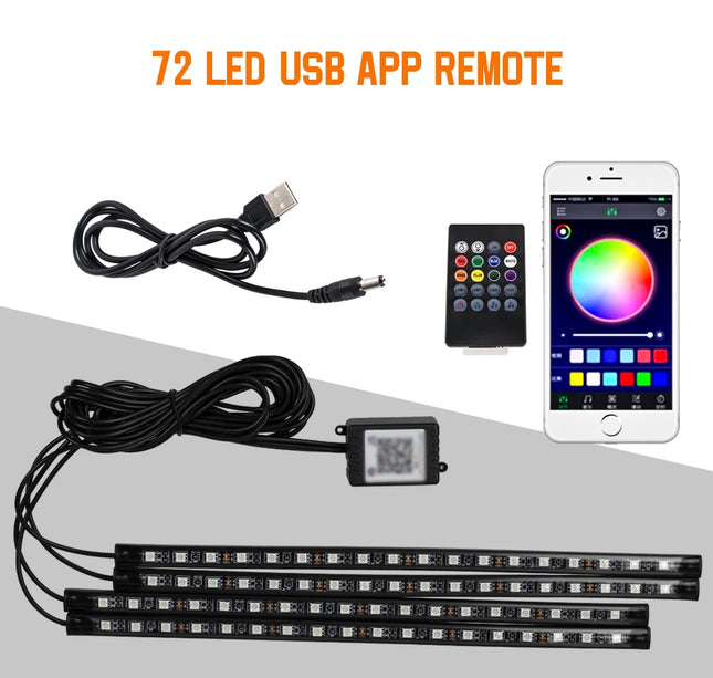 RGB Car Atmosphere Lights – LED Interior Footwell Strip with USB, Remote & Sound Control