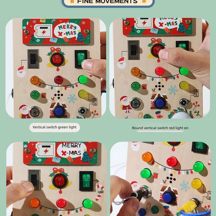 Montessori Wooden Busy Board – Sensory Training Toy with LED Lights & Switches for Early Learning Baby Gift