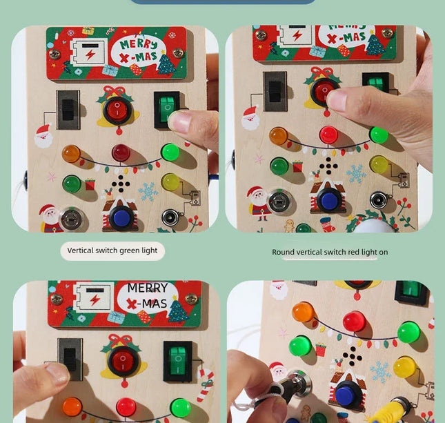 Montessori Wooden Busy Board – Sensory Training Toy with LED Lights & Switches for Early Learning Baby Gift
