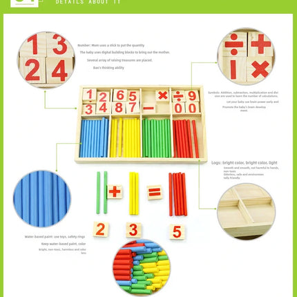 Children's math teaching aids, counting sticks, arithmetic learning box, wooden educational toys, Montessori education