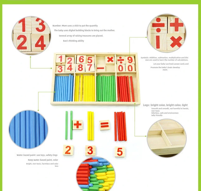Children's math teaching aids, counting sticks, arithmetic learning box, wooden educational toys, Montessori education