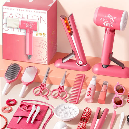 Kids Simulation Haircut & Makeup Kit – Pretend Play Hair Dryer Set Educational Toy for Girls Gifts