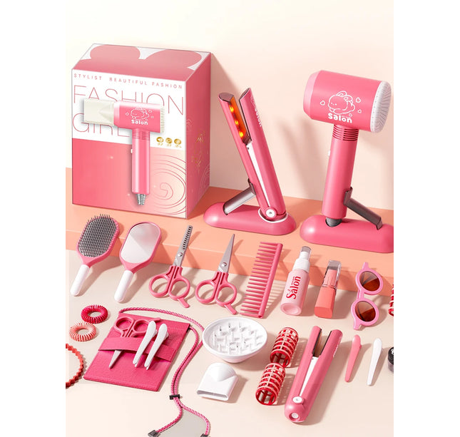 Kids Simulation Haircut & Makeup Kit – Pretend Play Hair Dryer Set Educational Toy for Girls Gifts