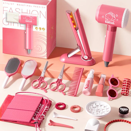 Kids Simulation Haircut & Makeup Kit – Pretend Play Hair Dryer Set Educational Toy for Girls Gifts