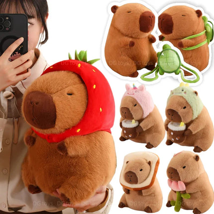 Capybara Plush Toy with Strawberry Hat – Small Stuffed Animal, Turtle Backpack & Hand Ring Pendant Gift
