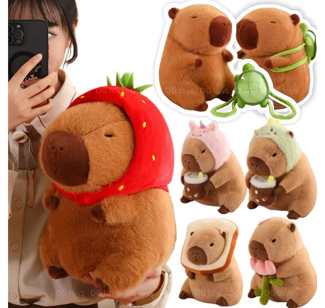 Capybara Plush Toy with Strawberry Hat – Small Stuffed Animal, Turtle Backpack & Hand Ring Pendant Gift