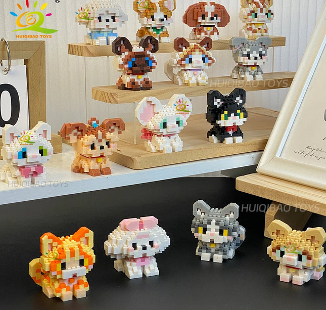 HUIQIBAO MINI Cute Pet Dog Cat Micro Building Block Model Set Kids City Cartoon Animal Diamond Bricks Educational Toys for Adult