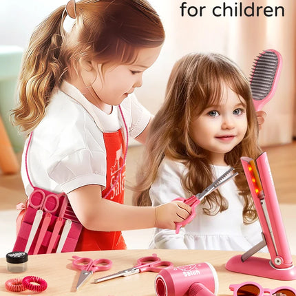 Kids Simulation Haircut & Makeup Kit – Pretend Play Hair Dryer Set Educational Toy for Girls Gifts