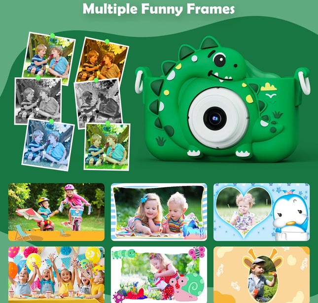 Kids Digital Camera with 32G Card Toy Girl Boy 1080p Hd Screen Outdoor Cartoon Dinosaur Camera Photography Video Birthday Gifts