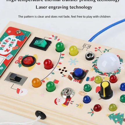 Montessori Wooden Busy Board – Sensory Training Toy with LED Lights & Switches for Early Learning Baby Gift