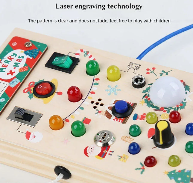 Montessori Wooden Busy Board – Sensory Training Toy with LED Lights & Switches for Early Learning Baby Gift
