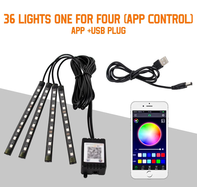 RGB Car Atmosphere Lights – LED Interior Footwell Strip with USB, Remote & Sound Control