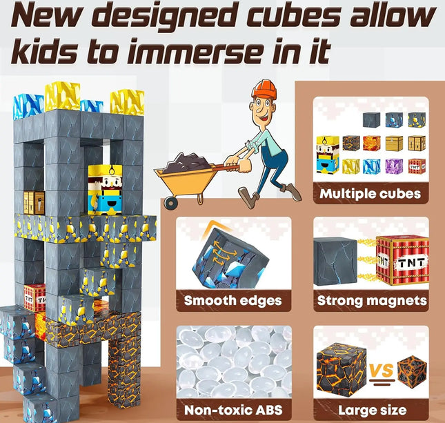 Magnetic Building Blocks Mine World Magnet Cube Set for Boy Girl Kid Age 3+ DIY Model Children STEM Educational Sensory Toy