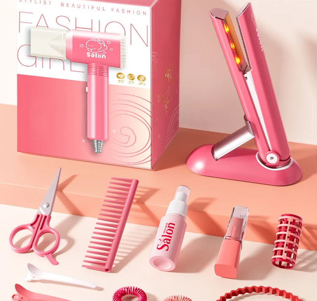 Kids Simulation Haircut & Makeup Kit – Pretend Play Hair Dryer Set Educational Toy for Girls Gifts