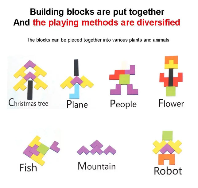 Wooden Blocks Puzzle Brain Teasers Toy Tangram Jigsaw Intelligence Colorful 3D Russian Blocks Montessori Educational
