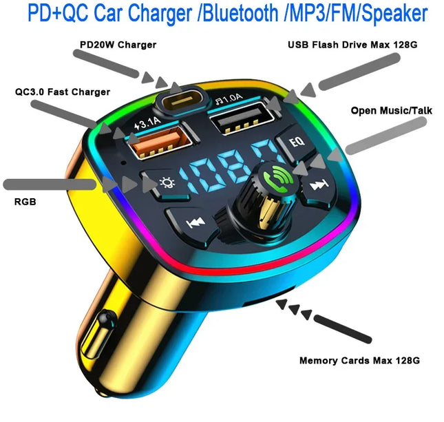 Bluetooth FM Transmitter for Car – Wireless Audio Adapter with Mic, MP3 & 2.1A Dual USB Charger